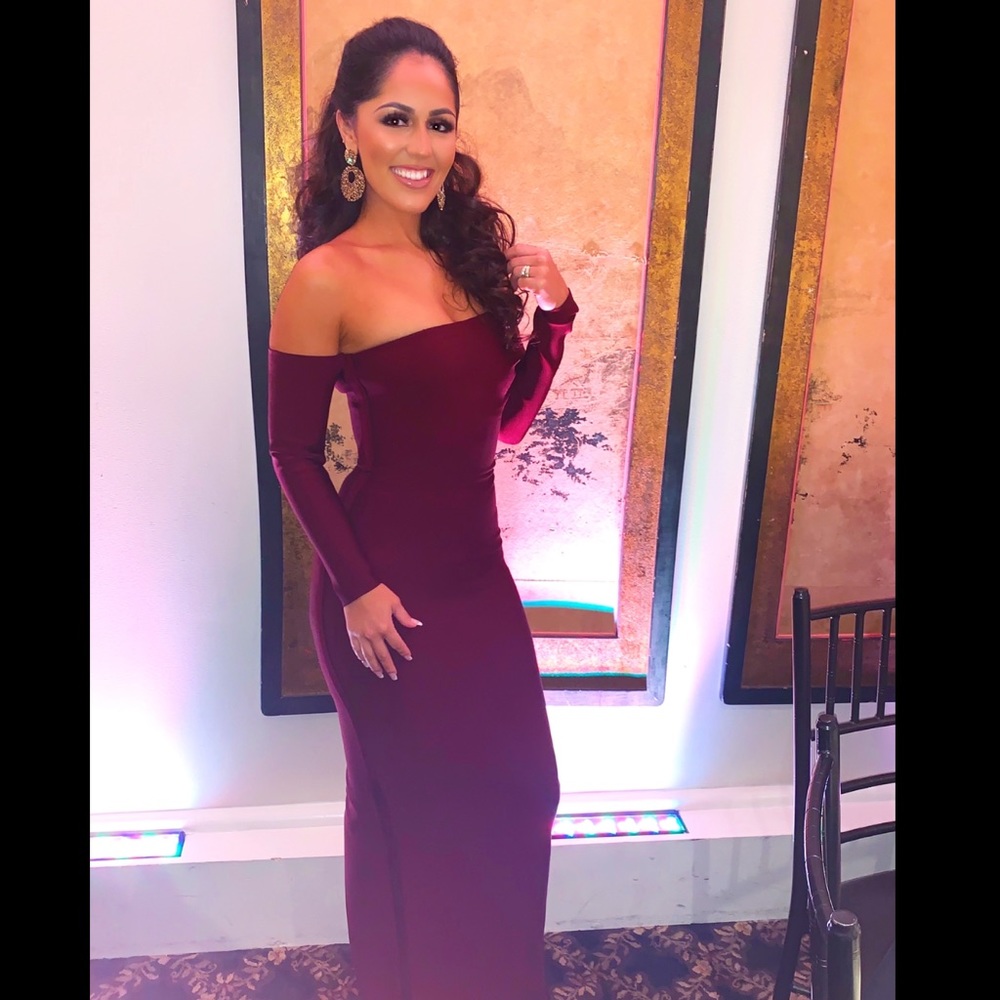 NALANI WINE DRAPED SHOULDER MAXI BANDAGE DRESS